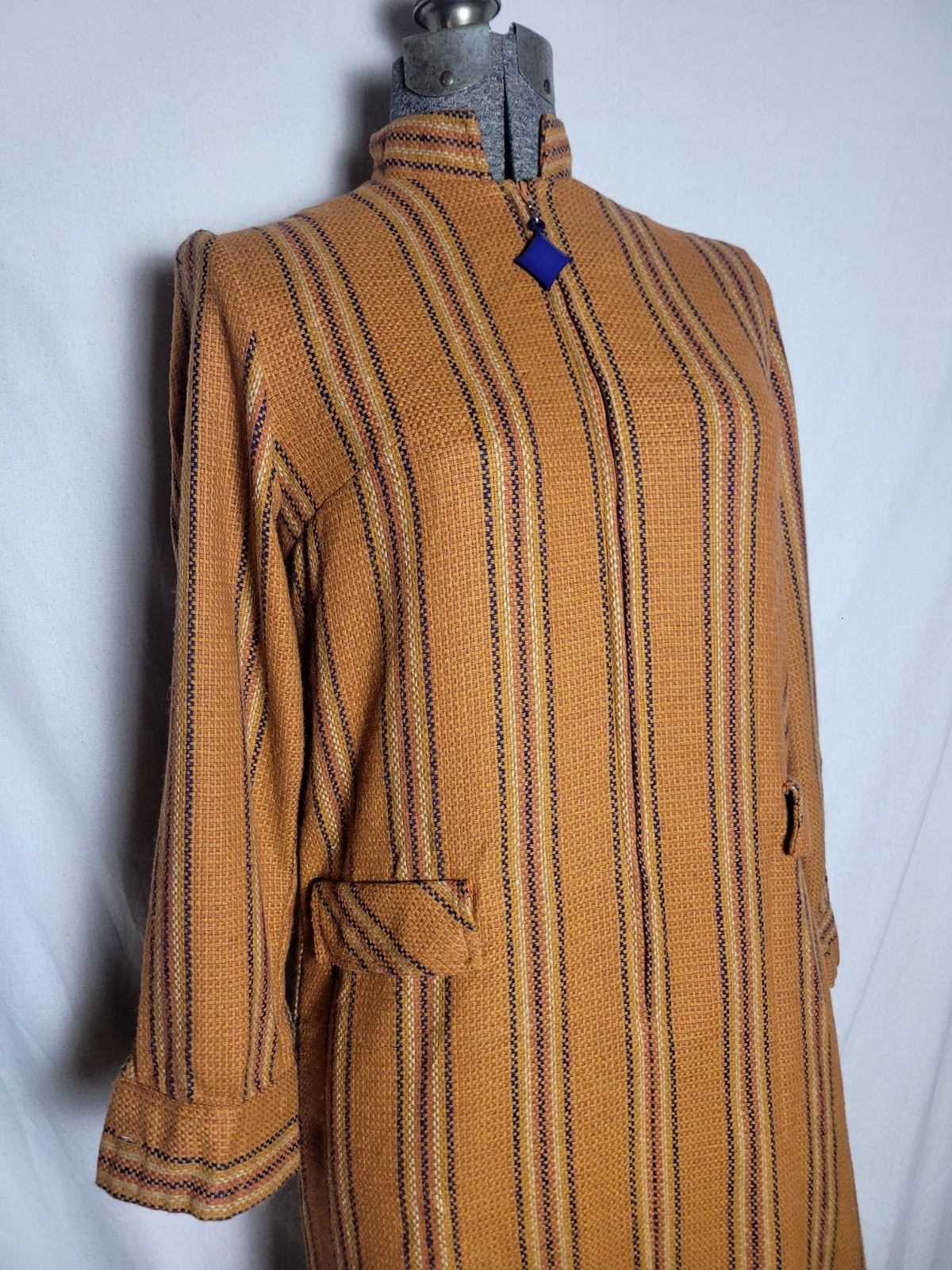 Vintage 60s Mod Wool Mini Dress Orange Stripe A Line Long Sleeve Small Zip Up