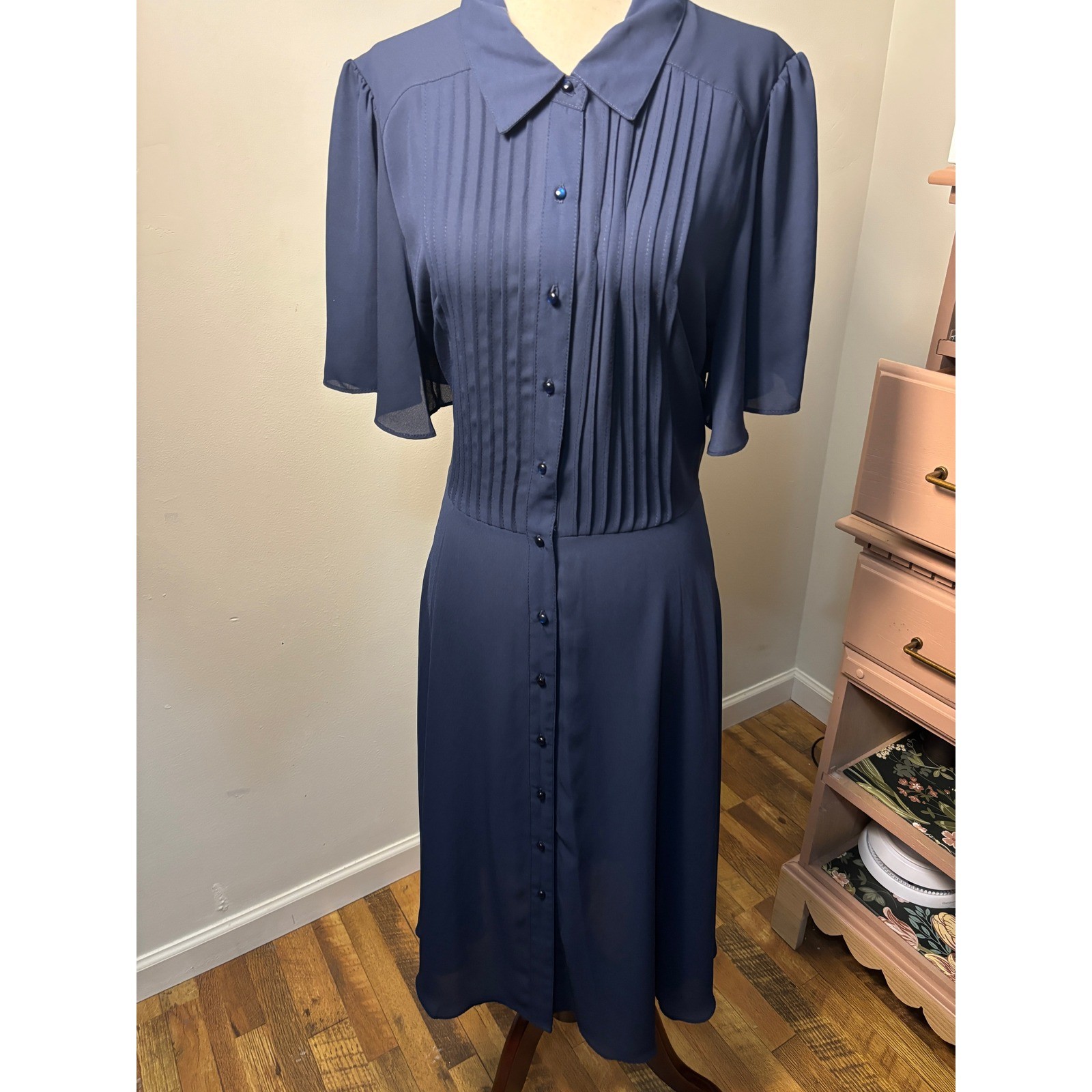 Nanette Lepore Vintage Blue Pleated Midi Dress Button Front Sheer Sleeve 16