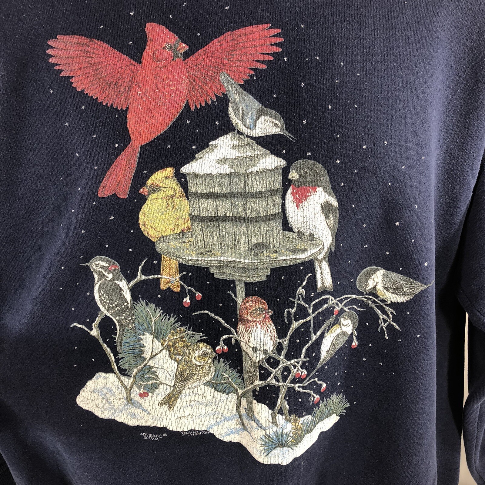 Vintage Cardinal Bird Feeder Winter Sweatshirt Layered Neck USA Made Large 90s