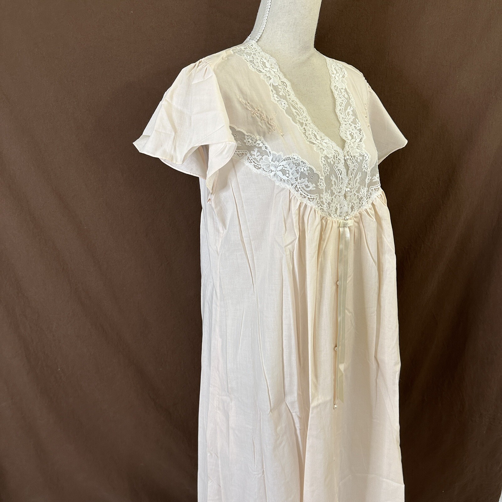 Vtg 80’s Lindsey Blake Cotton Blend Pink Puff Sleeve Lace Victorian Nightgown L