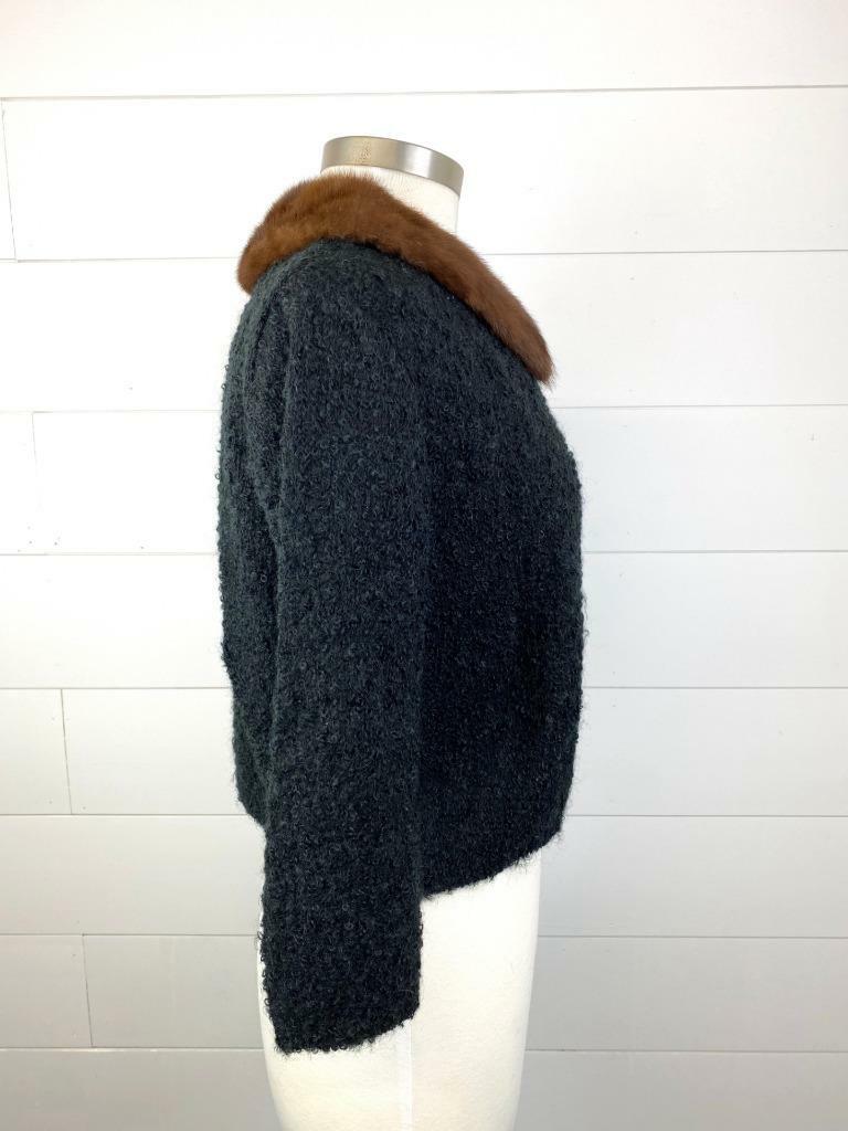 Vintage Century of Boston Black Wool Cardigan Sweater Mink Fur Collar Womens M