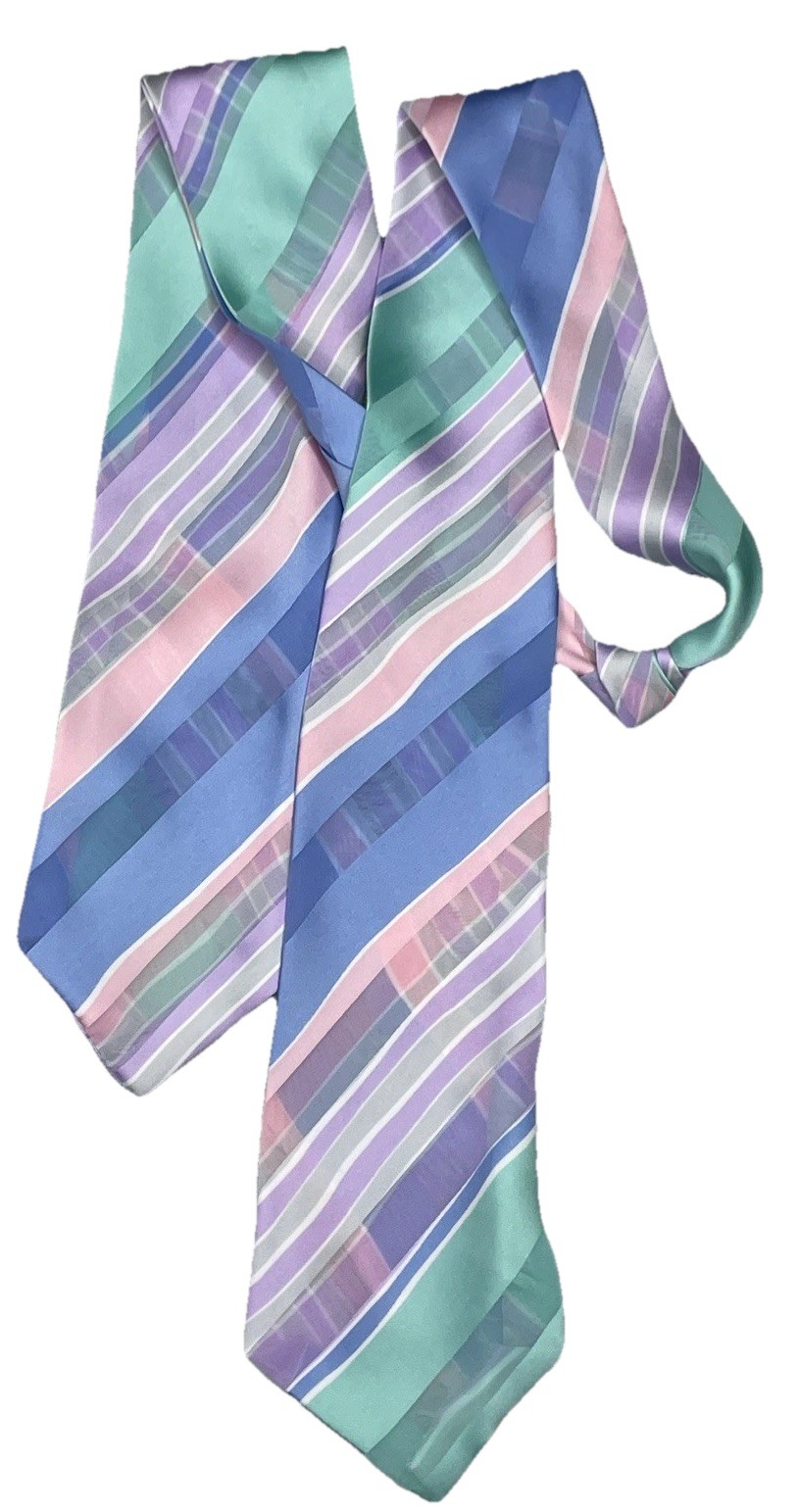 VTG Pastel Striped Blouse 12 High Mock Neck W/ Tie Button Front Retro Office