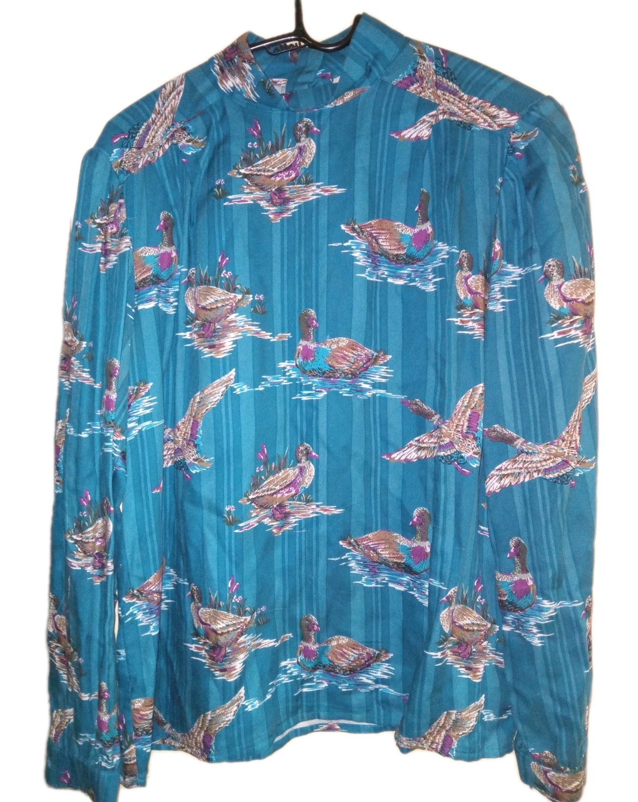 Vtg Sz 12 Country Suburbans Teal Ducks Blouse Wildlife USA Retro 1970 Western