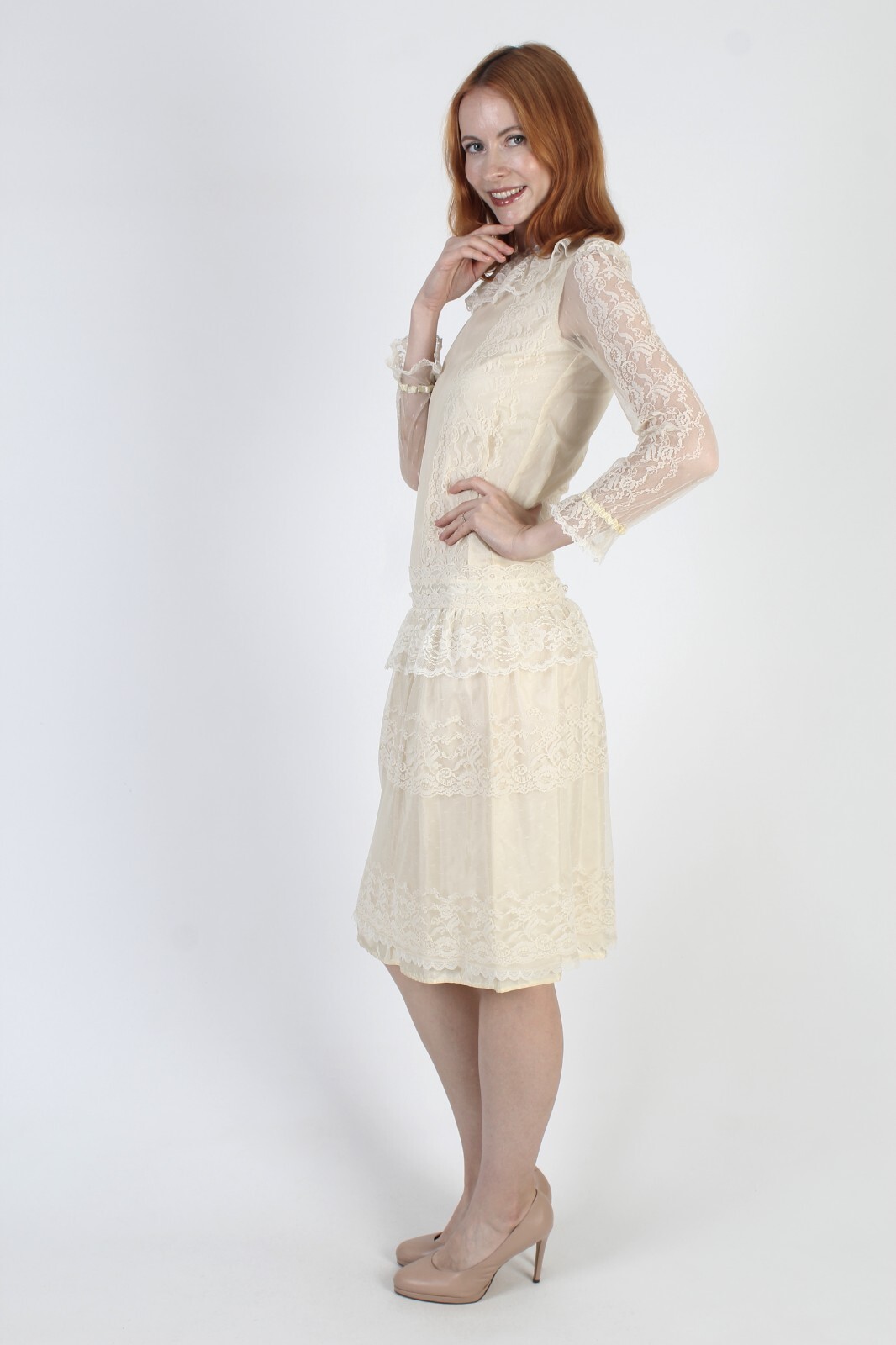 Vtg Country Elegance Cottagecore Dress Sheer Drop Waist Deco Prairie Peasant