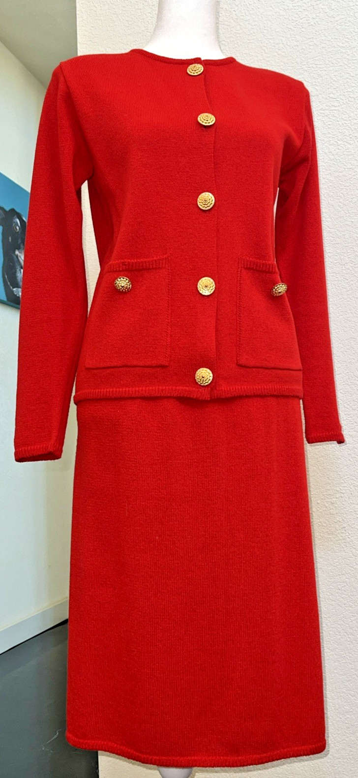 Vtg 80’s two piece cardigan sweater and pencil skirt set red knit size S