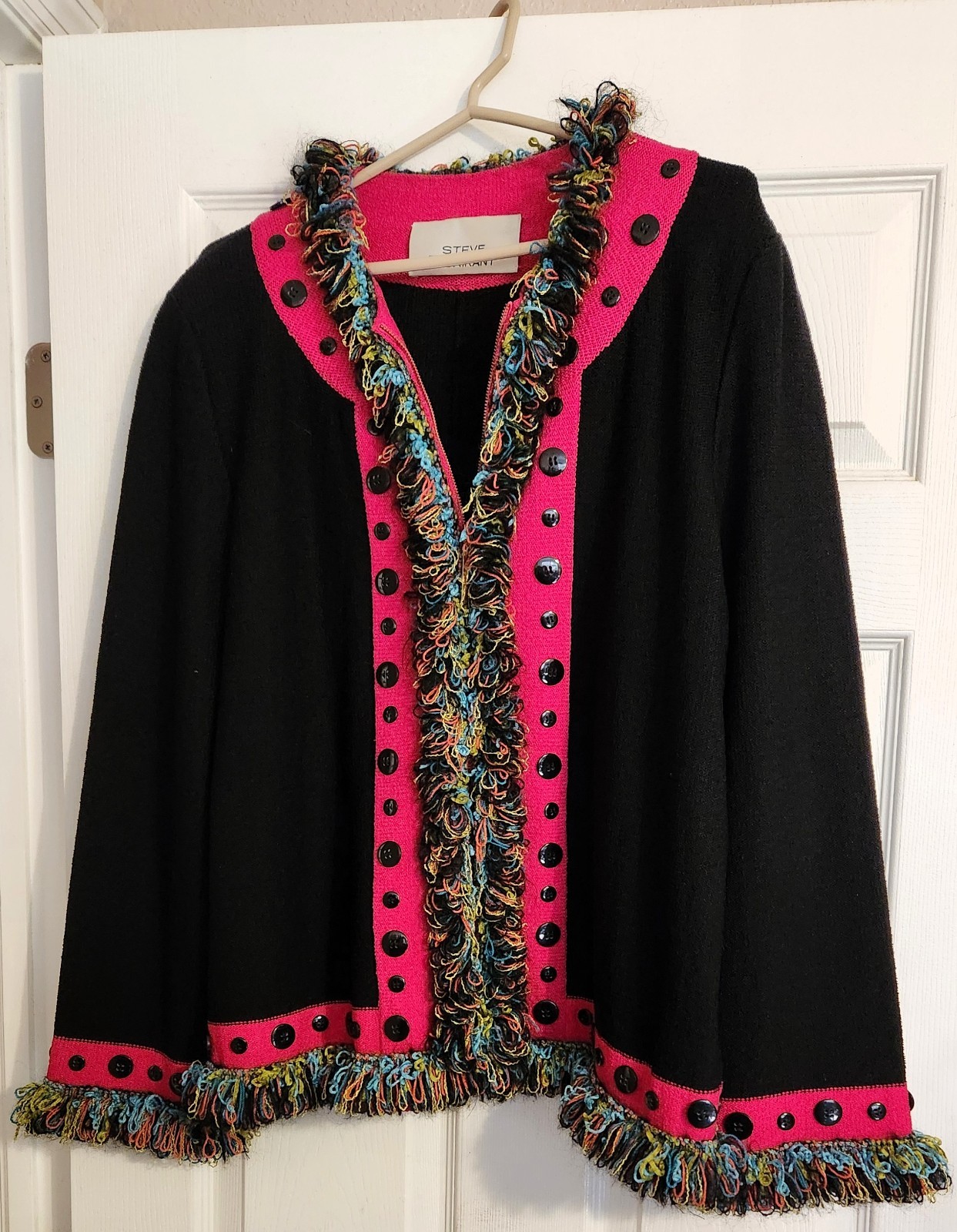 Steve Fabrikant VTG 80s Wool Rayon Knit Jacket Pink Black Gold Zip Padded L