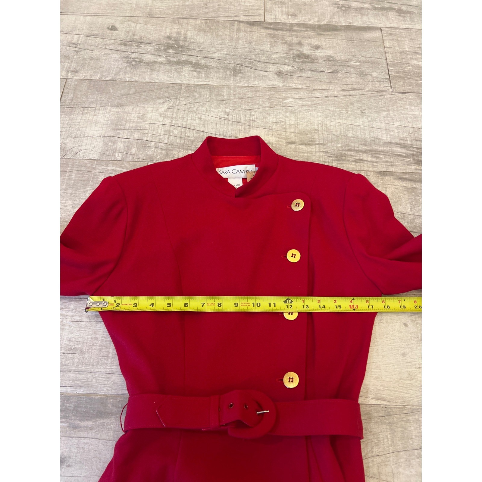 Sara Campbell Red Wool Dress Vintage Military Style Belted Asymmetrical Size 6