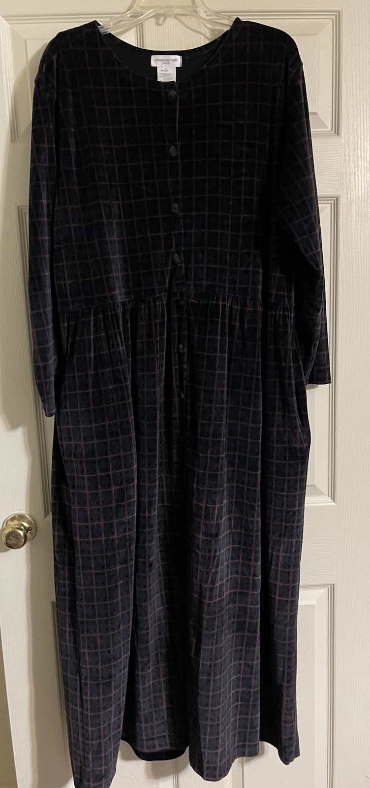 Vtg 1990s Jones New York Sport Maxi Dress Women’s 1X Black Velour Windowpane