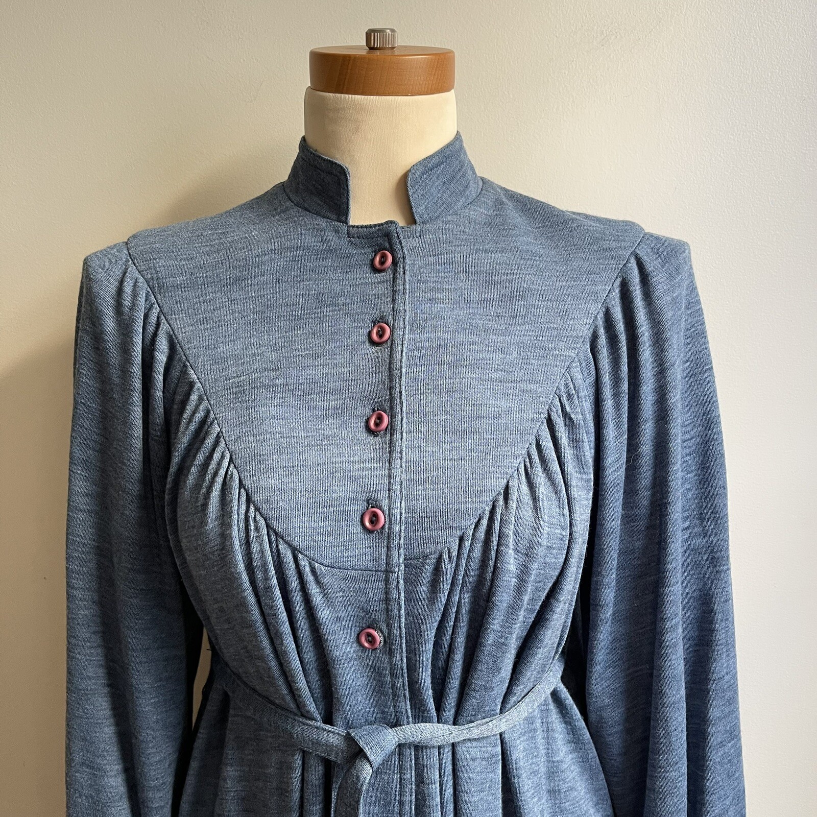 Vintage Anjac Marc Needleman Blue Wool Shirt Dress Hostess Balloon Sleeve Belt 6