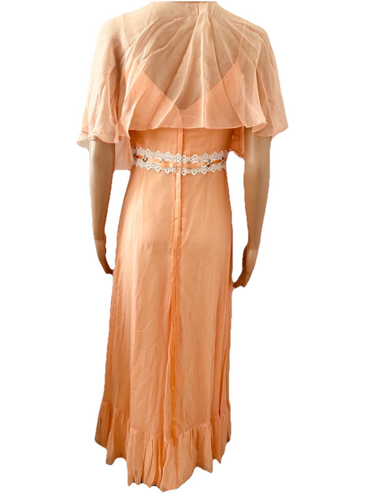 VTG 60s Peach Chiffon Maxi Dress Capelet Floral Lace Ribbon Trim Hemline Damage