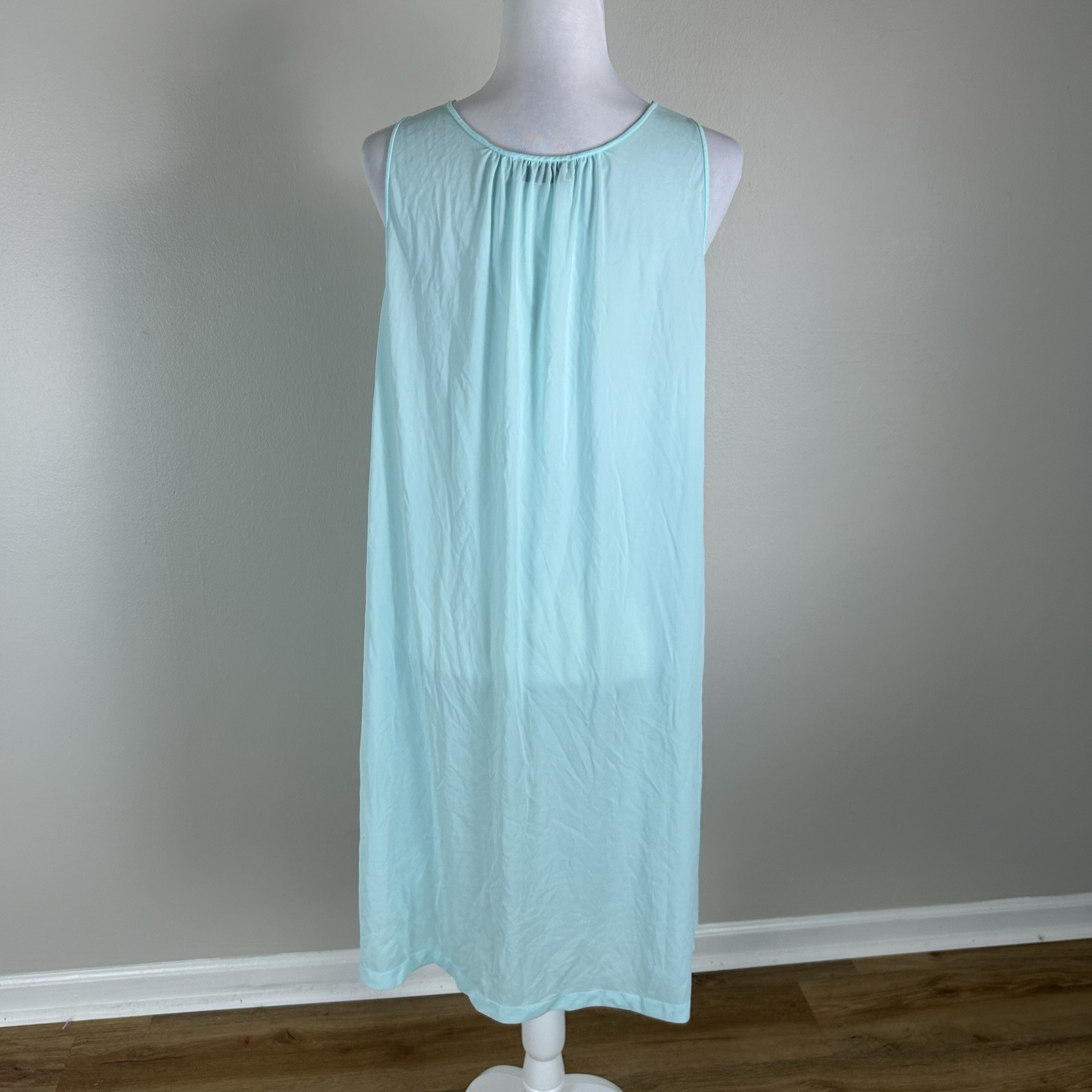 Vintage M Long Blue Shadowline Sleeveless Nightgown Lace Neckline Embroidered