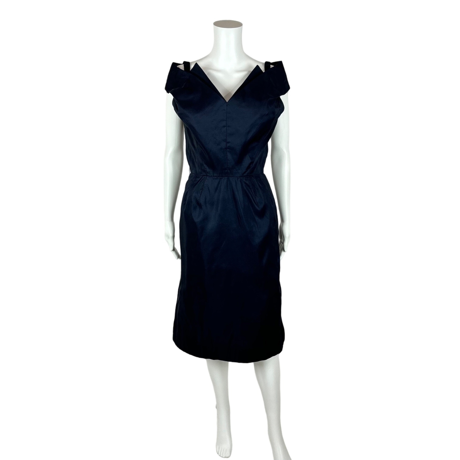 Vintage 50s Cocktail Dress Women’s XXS Winged Bodice Dark Blue Bombshell Pin Up