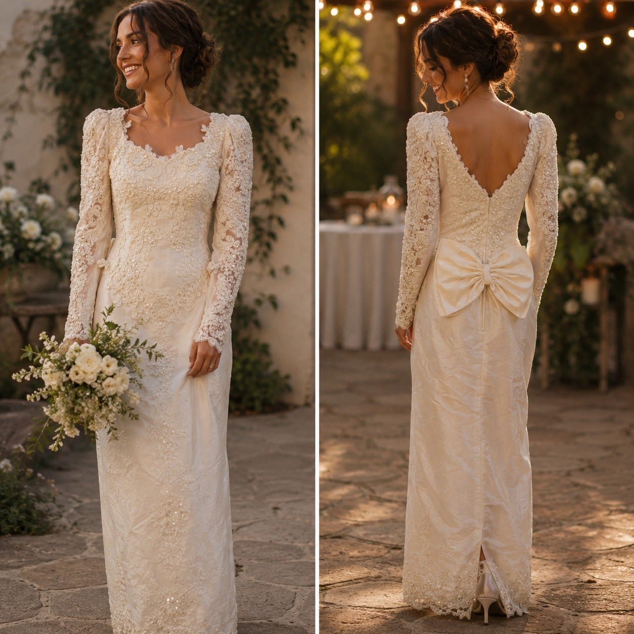 VTG 80s Wedding Gown Lace Pearl Sequin Long Sleeve Bow Bridal sz 10, fits 6/8