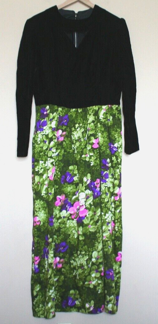 Vintage Maxi Dress Mod Black Velvet Floral Womens Size Large 12 14 60s 70s