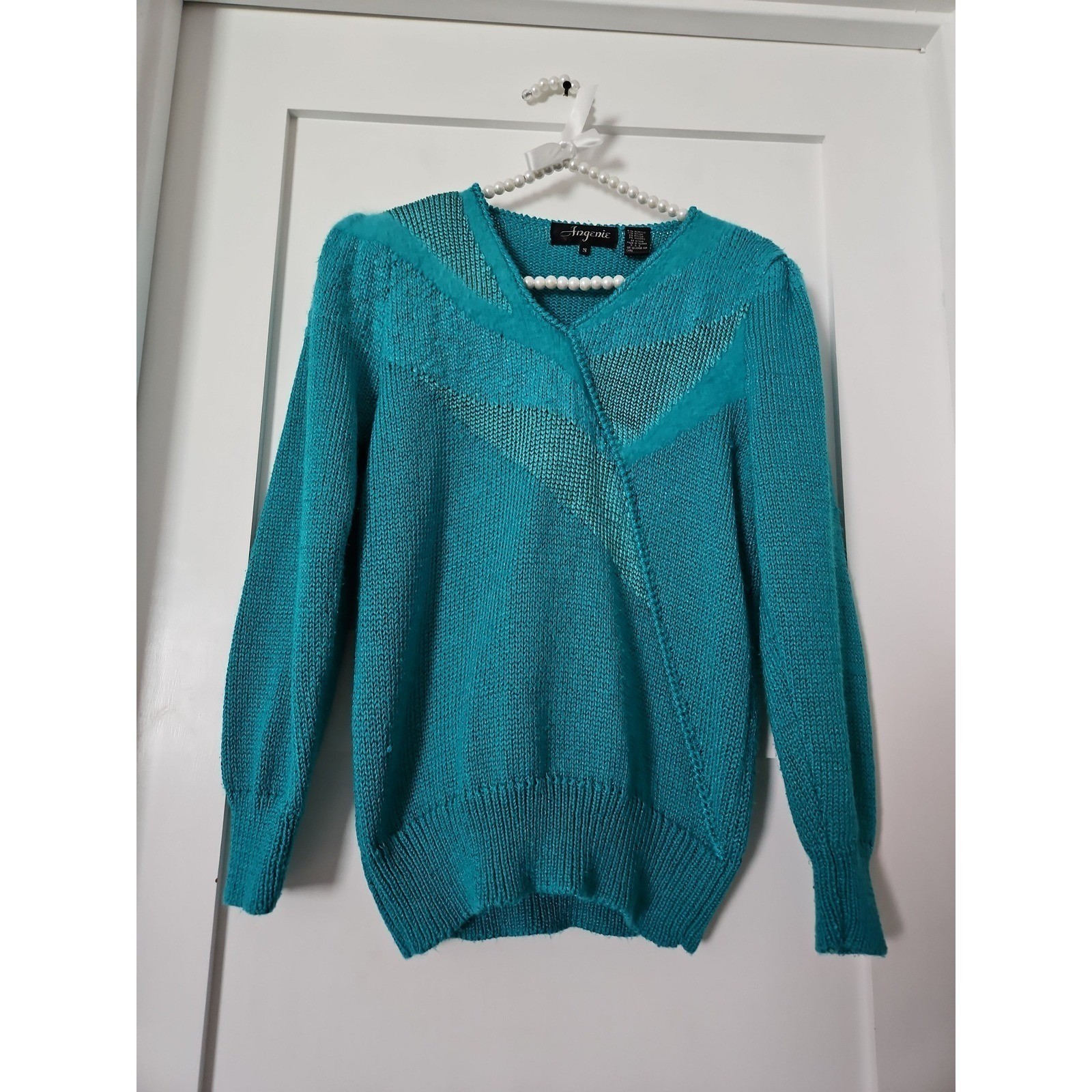 Angenie Sweater Women Small Teal Blue Excellent Vintage 80s V-Neck Angora Blend
