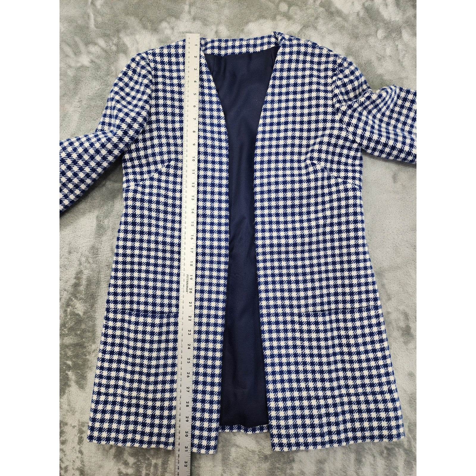 Vintage 60s Houndstooth Wool Collarless Open Front Blazer Jacket Size M Blue