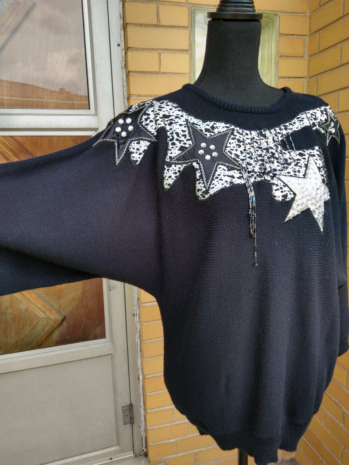 Vintage 80’s womens sweater black silver beaded star disco rhinestone M/L