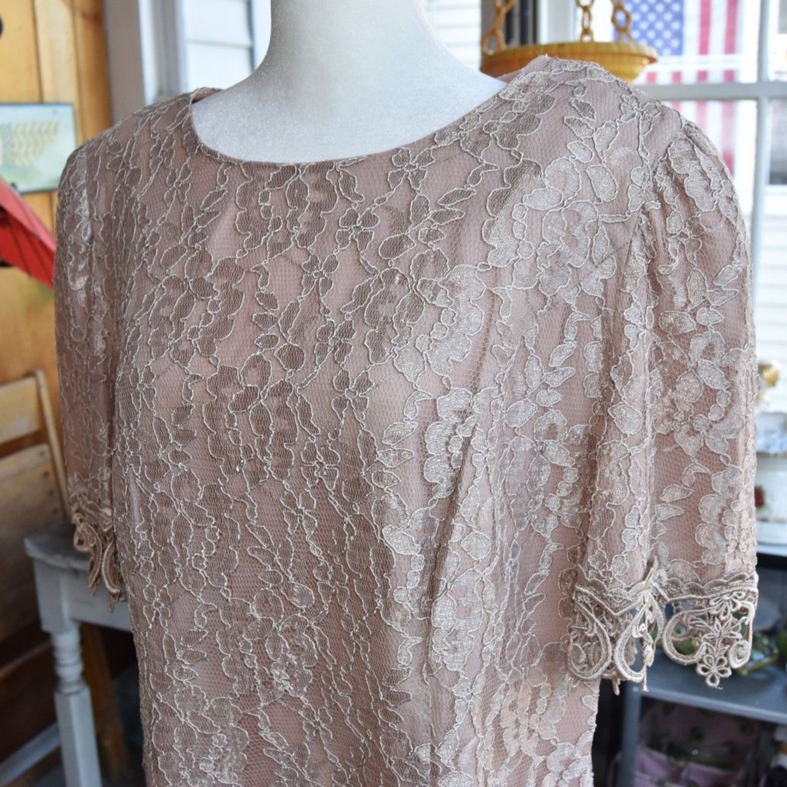 Vintage Cachet Lace Blouse Brown Sheer Evening Top Romantic Boho XL