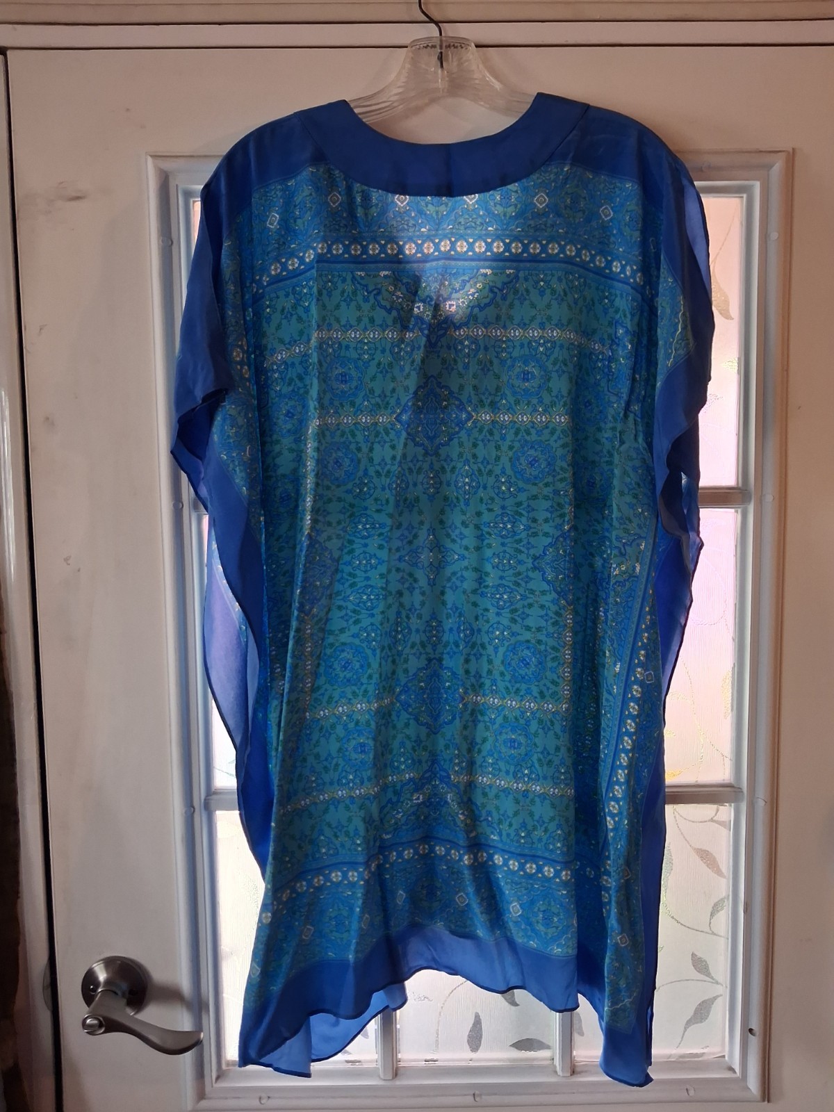 Vintage Silk Short Caftan , Blues, Slip Over, Sz L