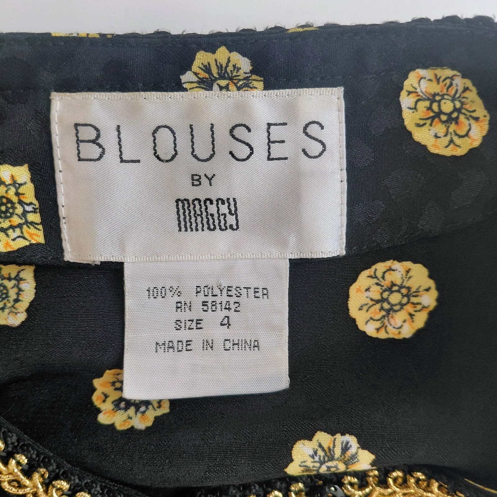 VTG Maggy London Brocade Blouse 4 Black Gold Jacquard Fleur-de-lis Coquette…