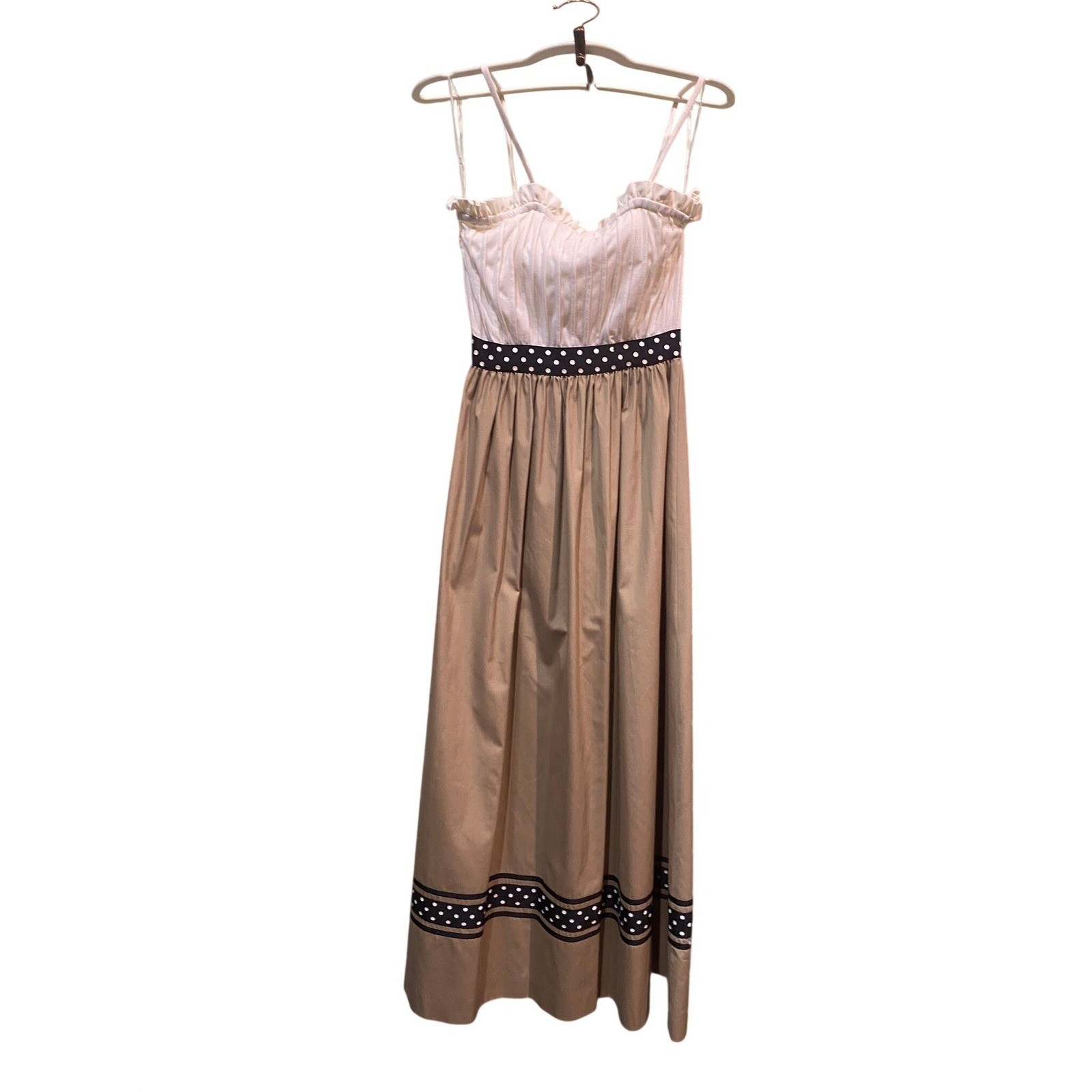 Ayres Unlimited Vintage Maxi Dress Polka Dot Trim Ruffle s Tan White Womens