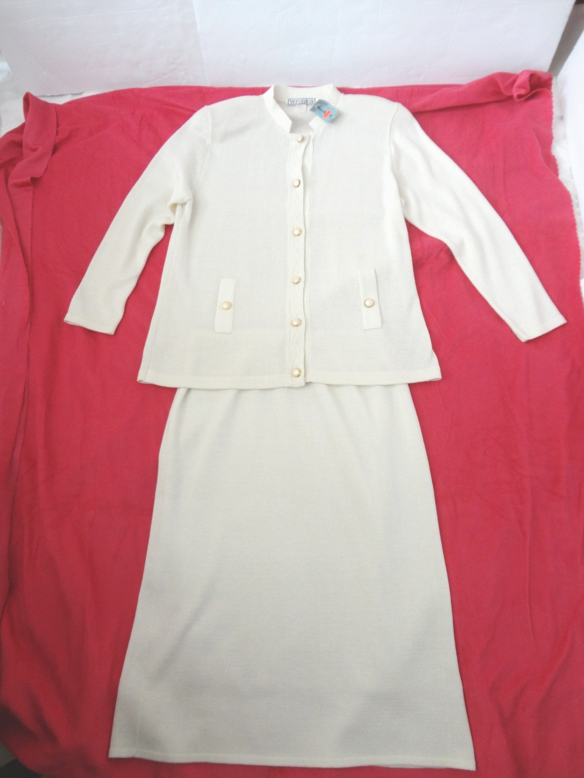 VINTAGE LADIES TAGGED VERONICA SIZE 14 WHITE KNITTED 2 PC SUIT DRESS OLD MONEY