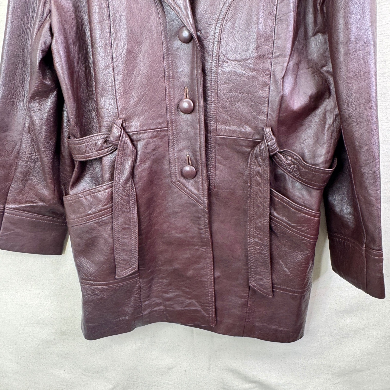 New England Sportswear Leather Jacket Burgundy Brown Vintage 70s Belted Coat USA