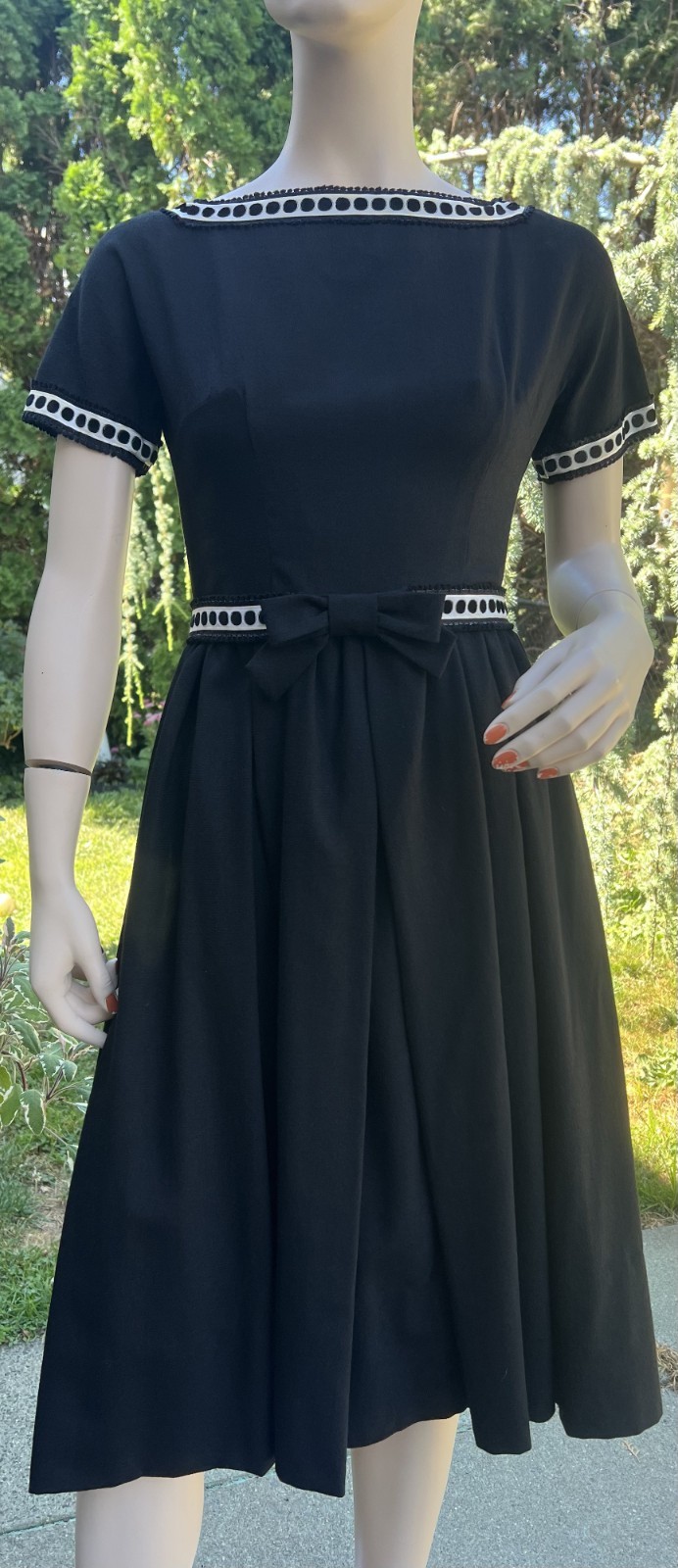 VINTAGE 1950’s BLACK WOOL DRESS W/ DOTTED RIBBON TRIM