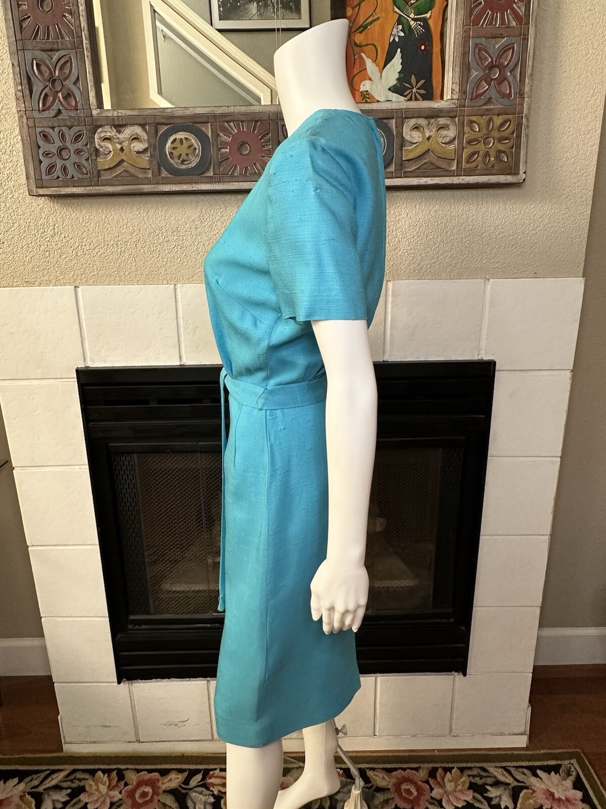 Vtg Galant Dress w/tag belted rayon turquoise Circ 1980s armpit to armpit 18″