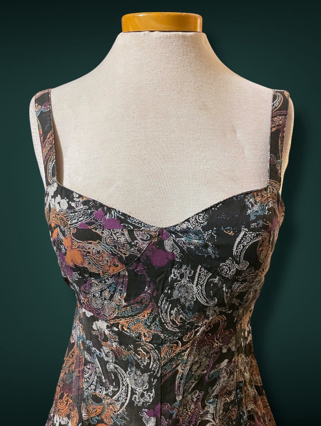 1990’s Black & White Paisley Print w Purple, Teal & Rust Bleach Splash Sundress