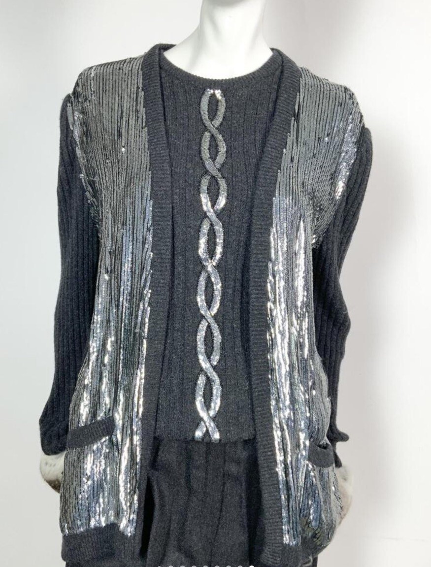 Vintage Valentino Boutique 3-Piece Cashmere Set w/Chinchilla Fur & Sequins Italy