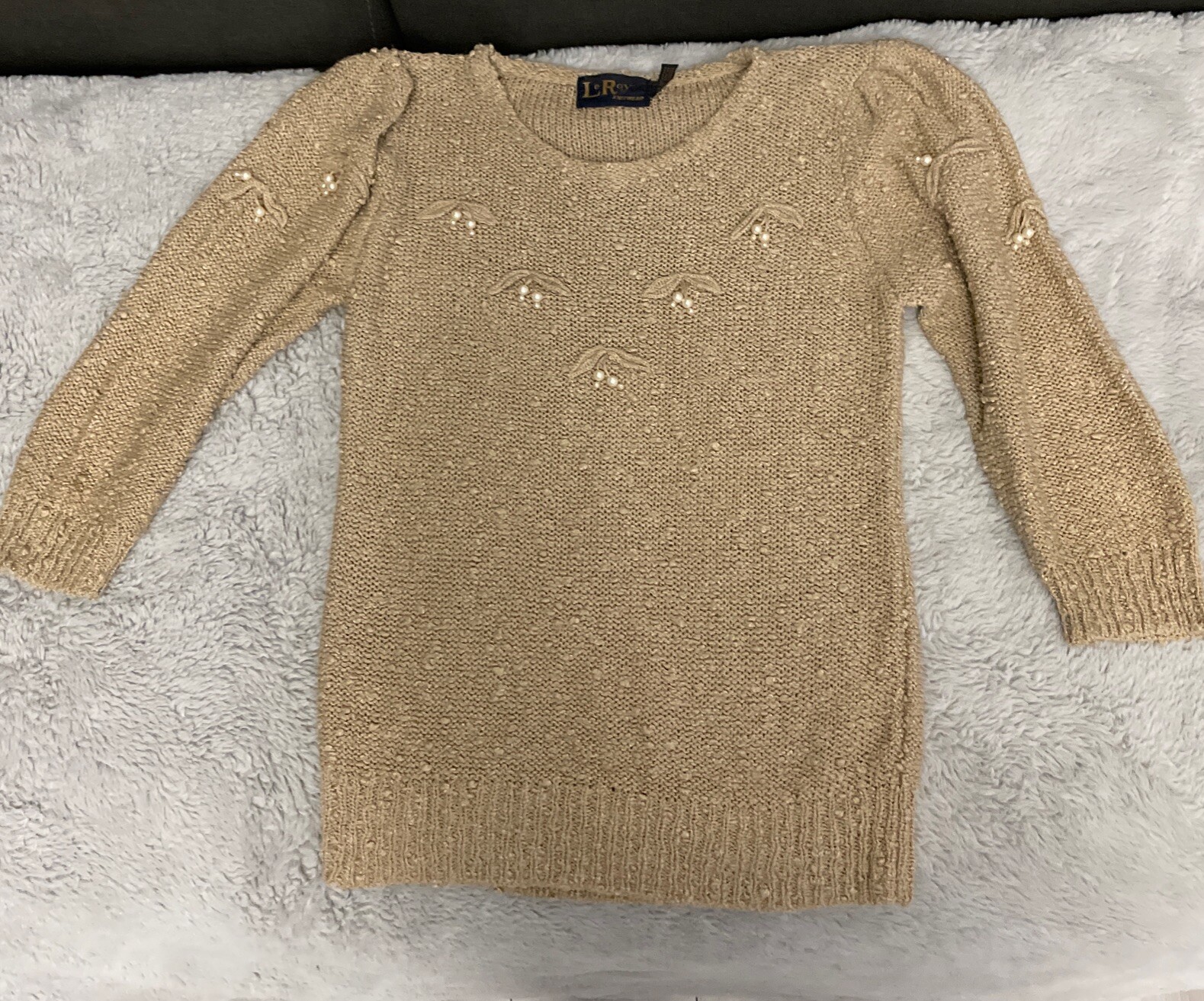 Le Roy Knitwear Vtg 60s With Faux Pearl Sweater Blouse Brown Sz S/M