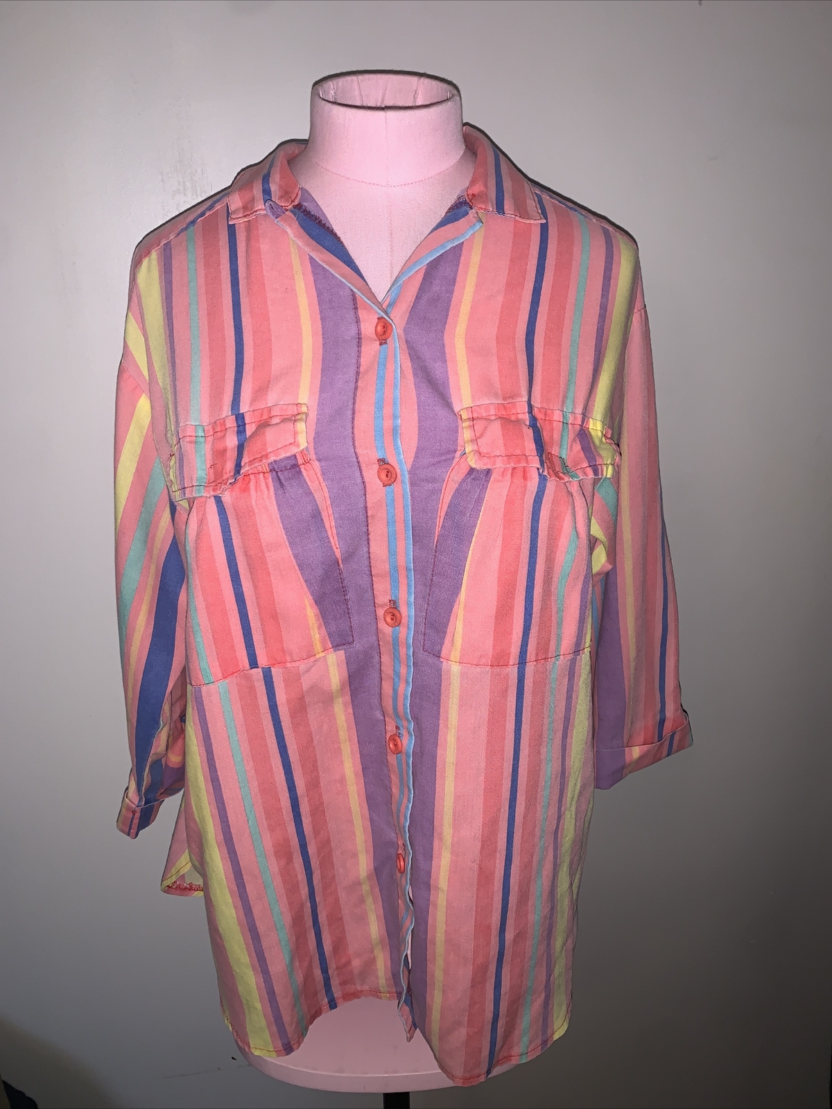 Vintage Button Up 70’s EBER San Francisco Top Pastels Striped Women’s Small ?