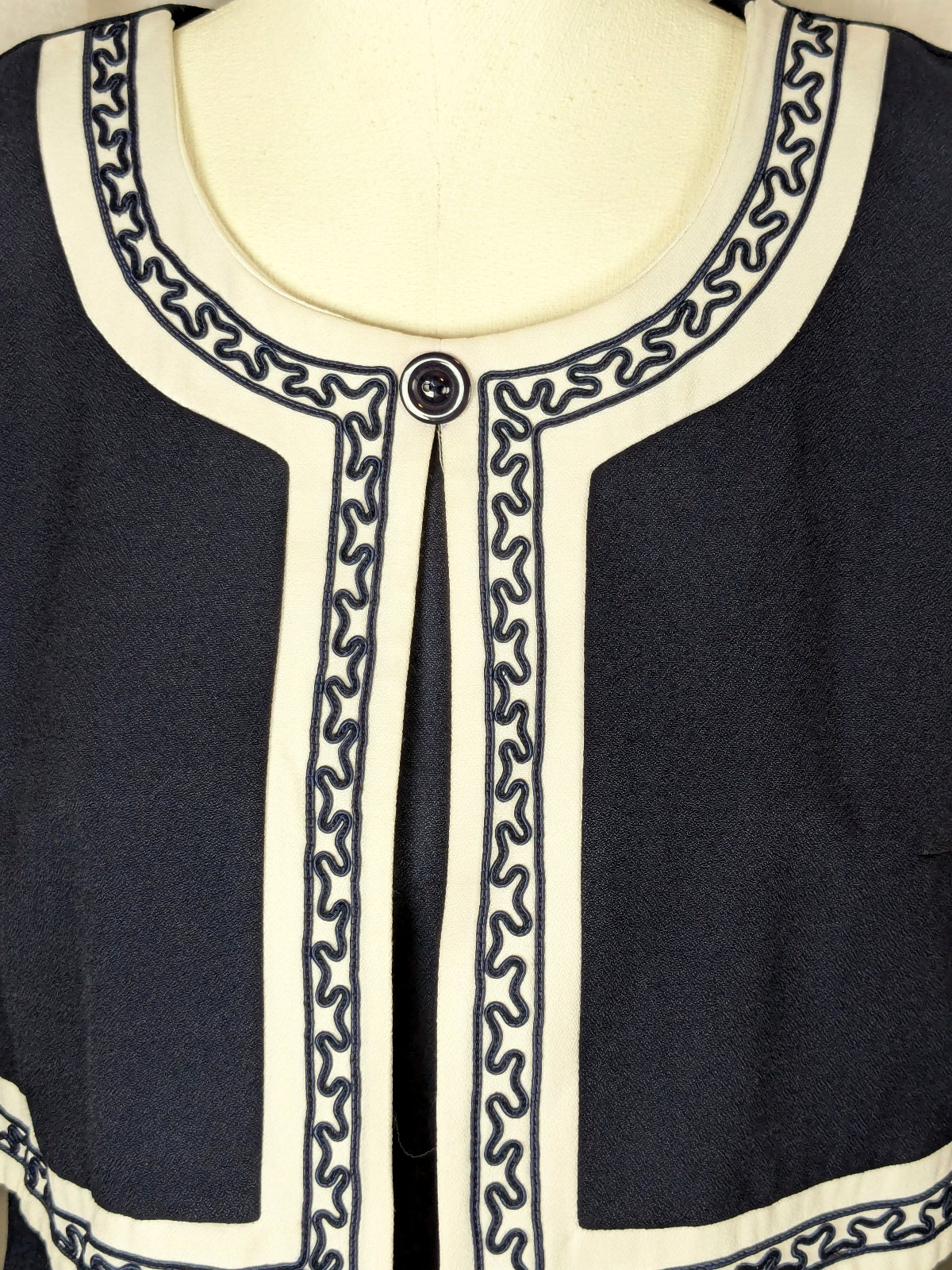 Expo Petite Vintage 80s Elegant Navy Blue White Crop Faux Jacket Sheath Dress S