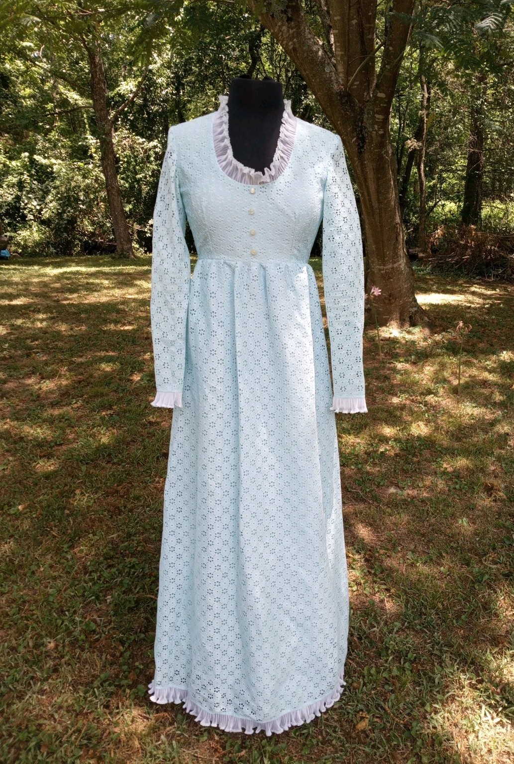 Vtg Handmade Women’s Sz S/M Blue Western Prairie Maxi Dress Eyelet Lace Ruffles