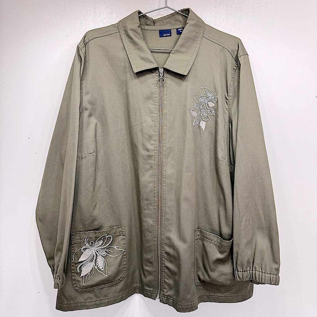 Vintage 90s Green Embroidered Silver Floral Smock Jacket Y2K Basic Editions 3X