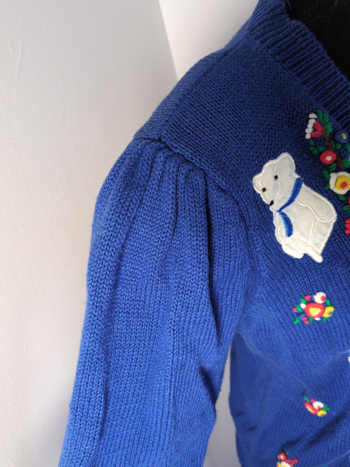 Vintage Margules Knit Cardigan Blue With Floral Embroidery, White Bears Women M