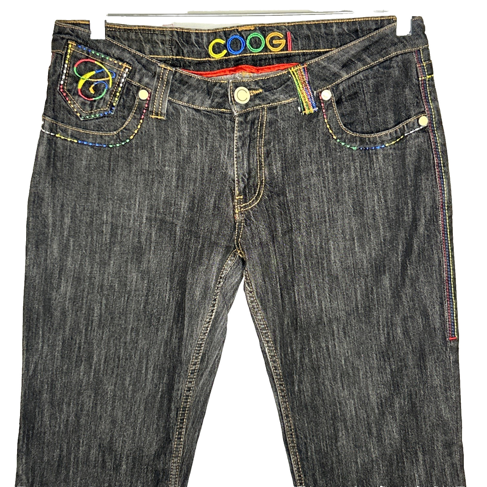 VTG Coogi Australia Dark Wash Jeans Sz 13/14 Straight Leg Rainbow Y2K Embroidery