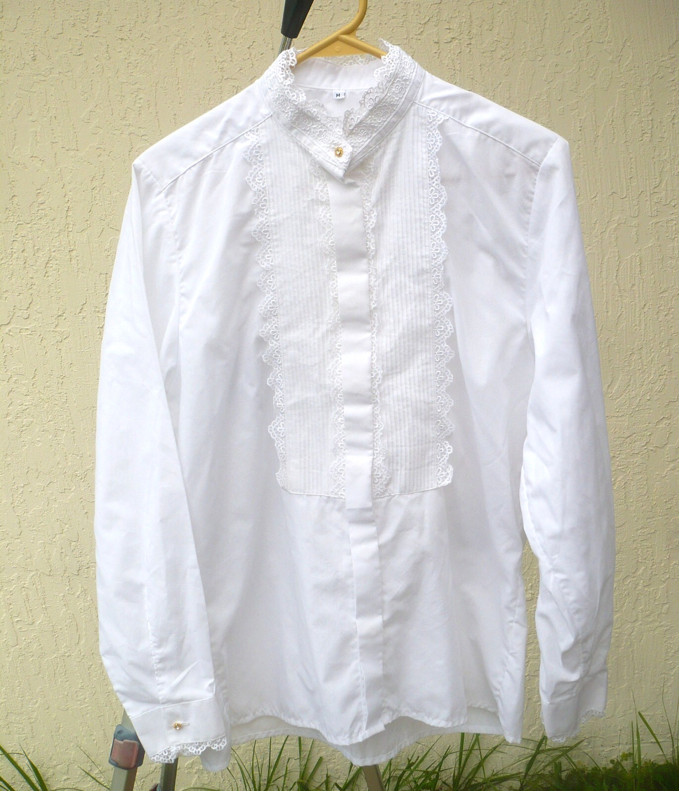 VTG 80 SOLID WHITE BLOUSE PINTUCK LACE S M BUTTON SHIRT POLY ALGODON COTTON LADY