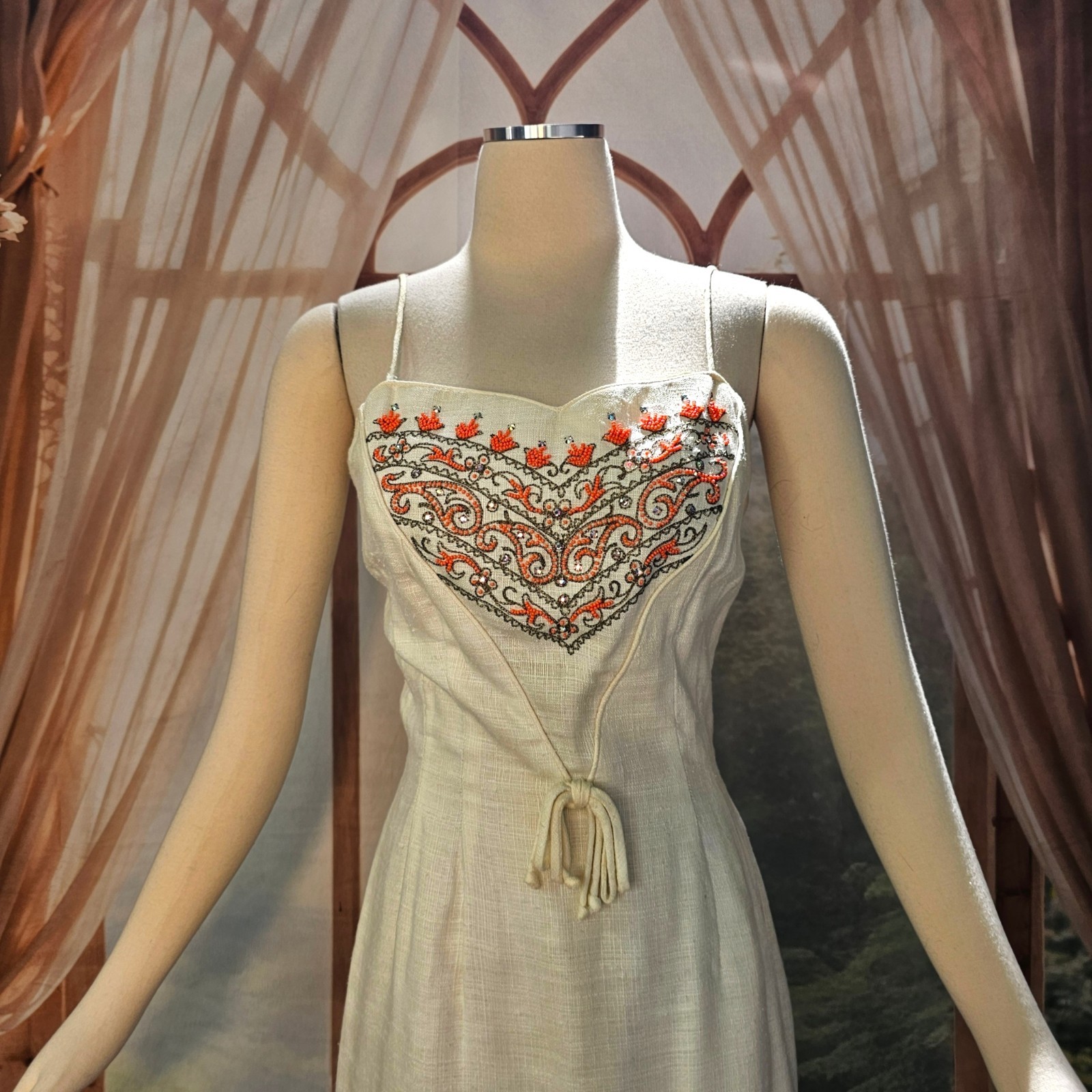 Vintage 1960’s Dress Shift Mod Cream Orange Beads and Rhinestone Embroidered