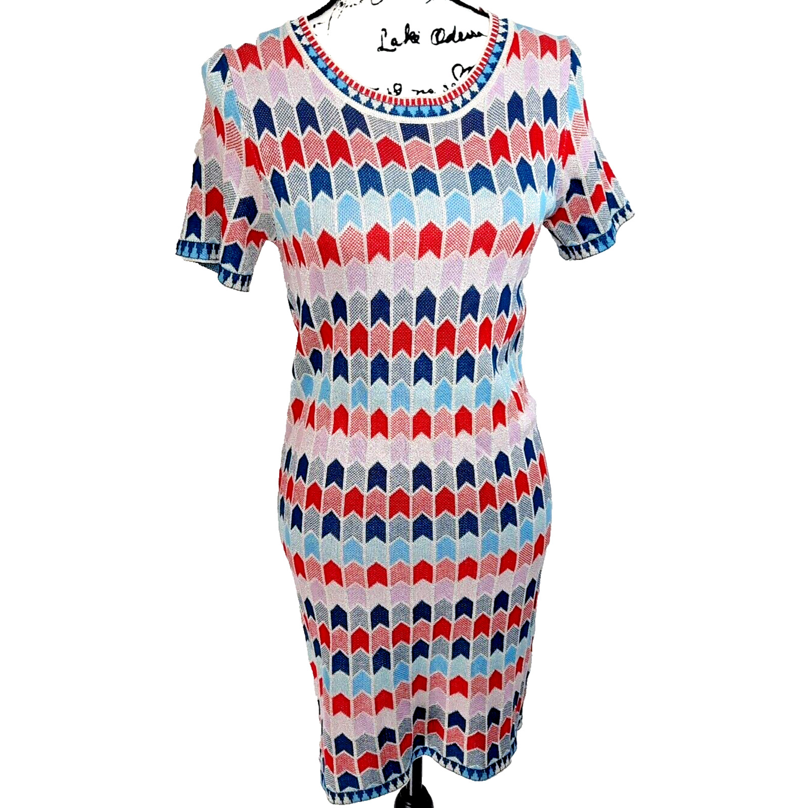 Vintage 60s MOD Geometric Silver Metallic Knit Dress Medium Red Pink Blue Retro