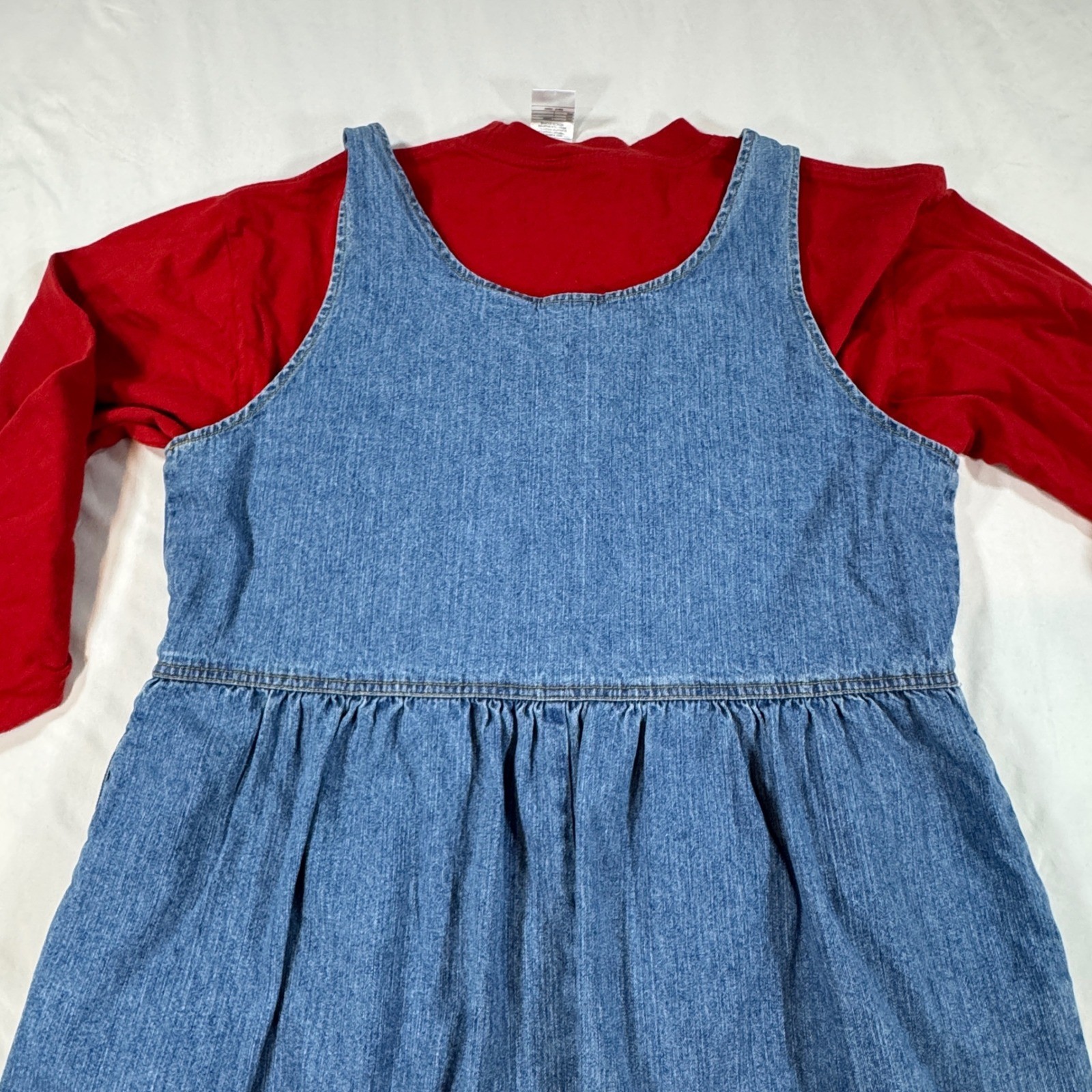 Vintage Disney Store Mickey Minnie Denim Jumper Dress Red Shirt Set L/XL Boho