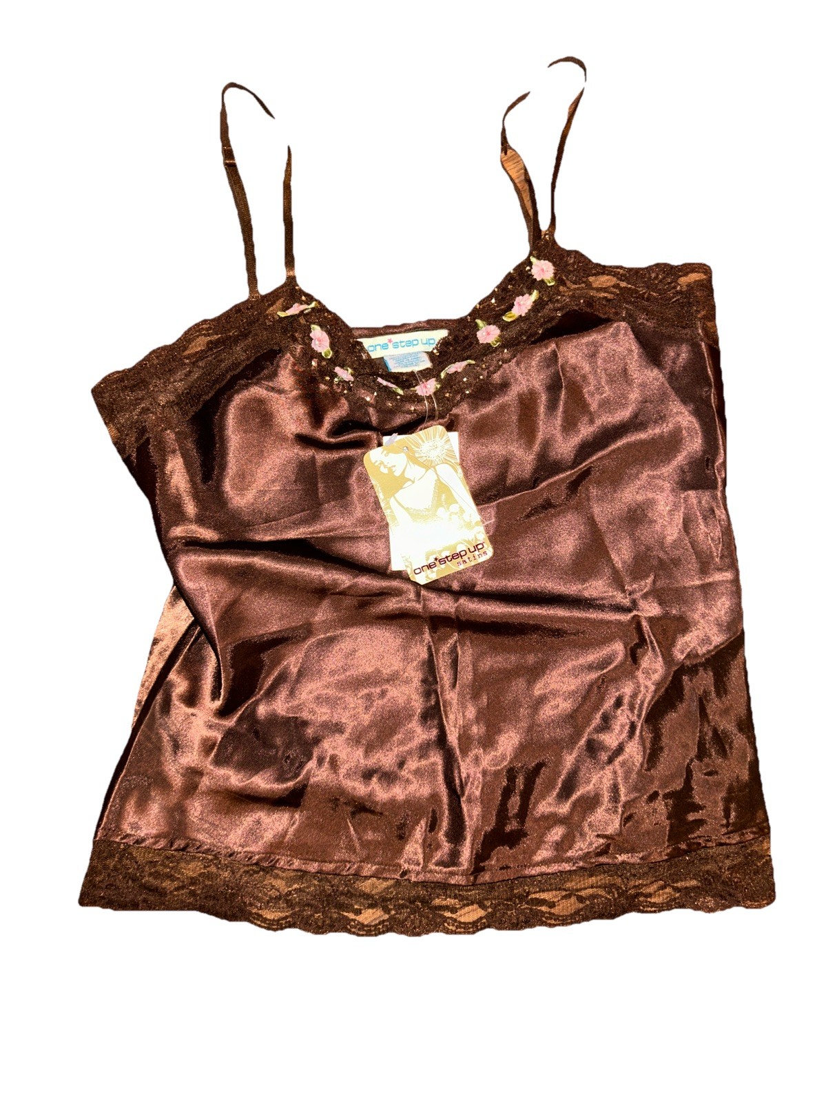 Vintage Y2K Deadstock One Step Up Satin Camisole Cami Top NWT Brown Rose Lace S