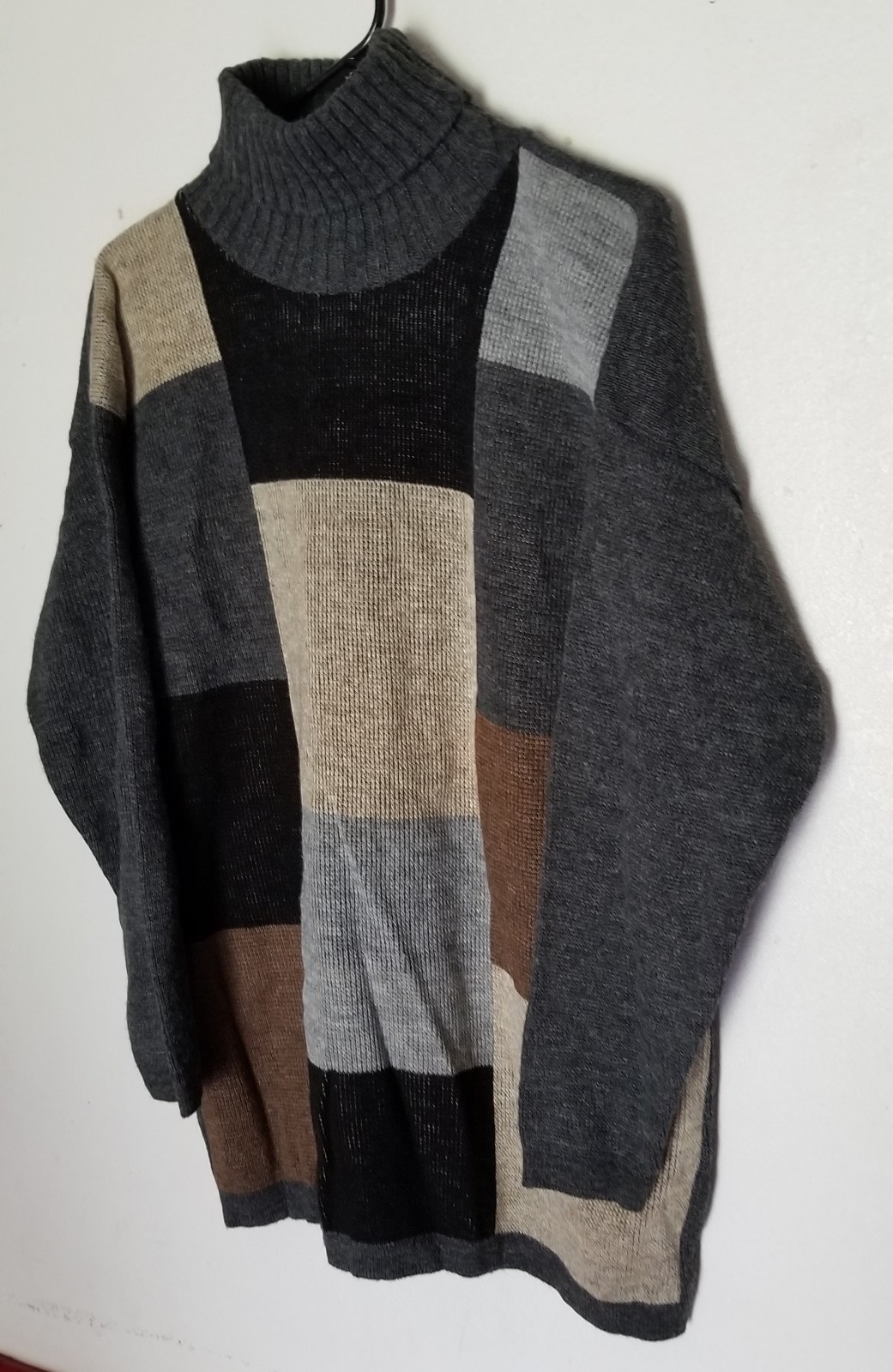 Vintage 80s Cos Cob Turtle Neck Sweater LARGE Colorblock Ribbed Knit Brown Multi