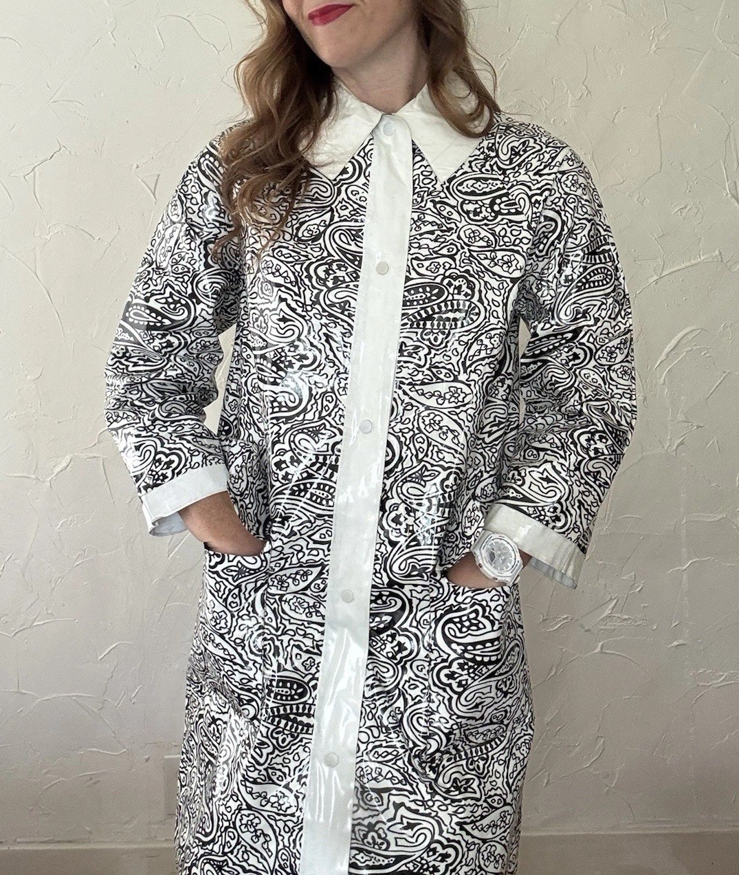 Vtg 1960s Mod Black White Paisley Vinyl PVC Raincoat Coat Space Age Aqua Queen