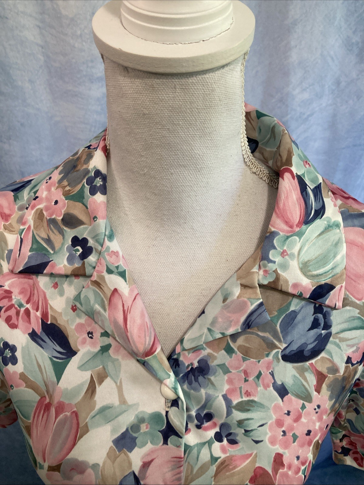 Vtg BLAIR Floral Shirtdress Pastel Pink Blue Midi Dress 80s Does 70s Style XS