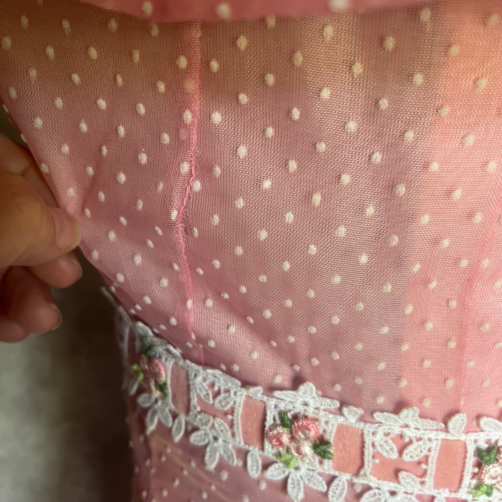 Vtg 50s 60s Pink Maxi Dress S Dotted Swiss Overlay Floral Lace Caped Gown MCM