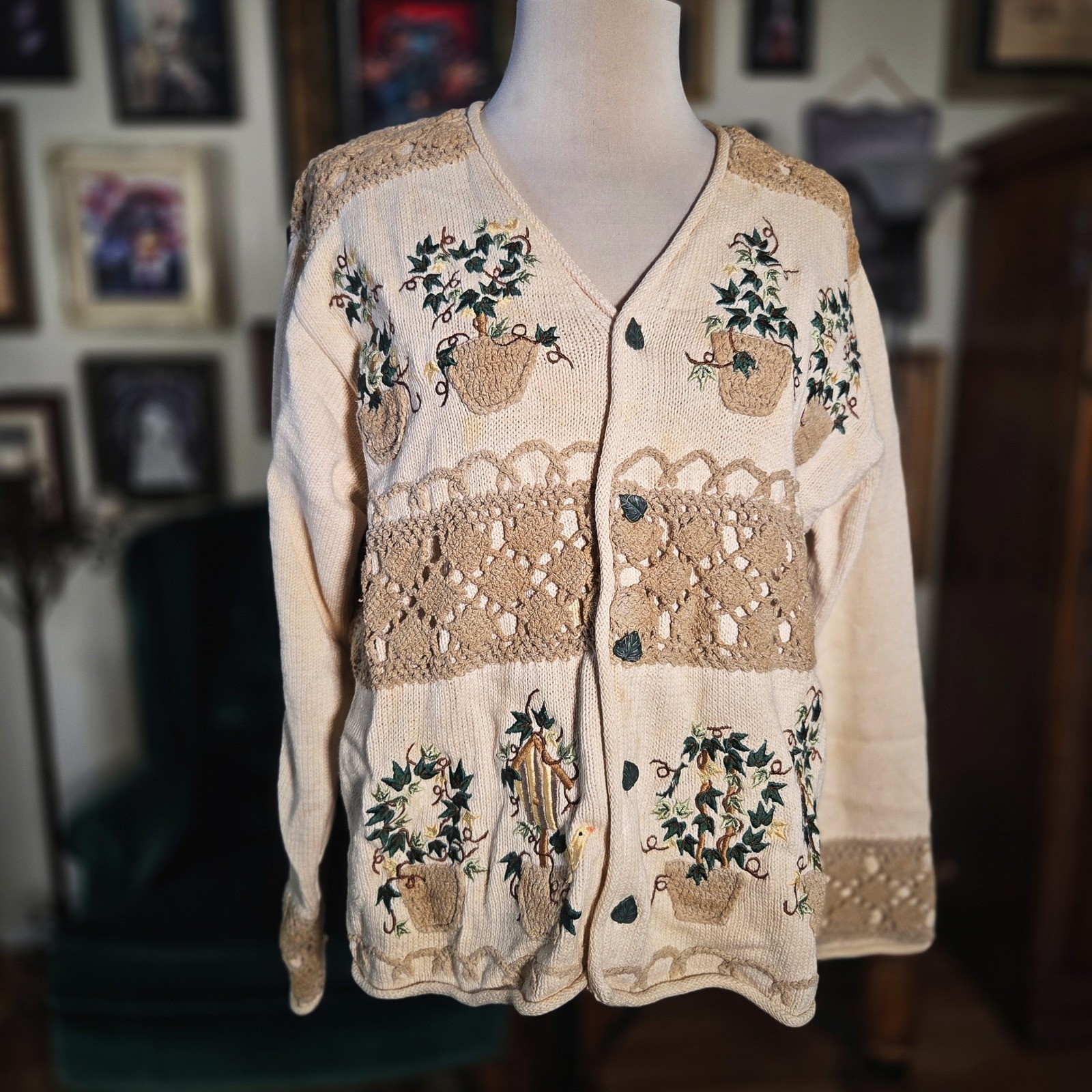 Vintage 90s BellePointe Embroidered Garden Crochet Cardigan Knit Plant Sweater