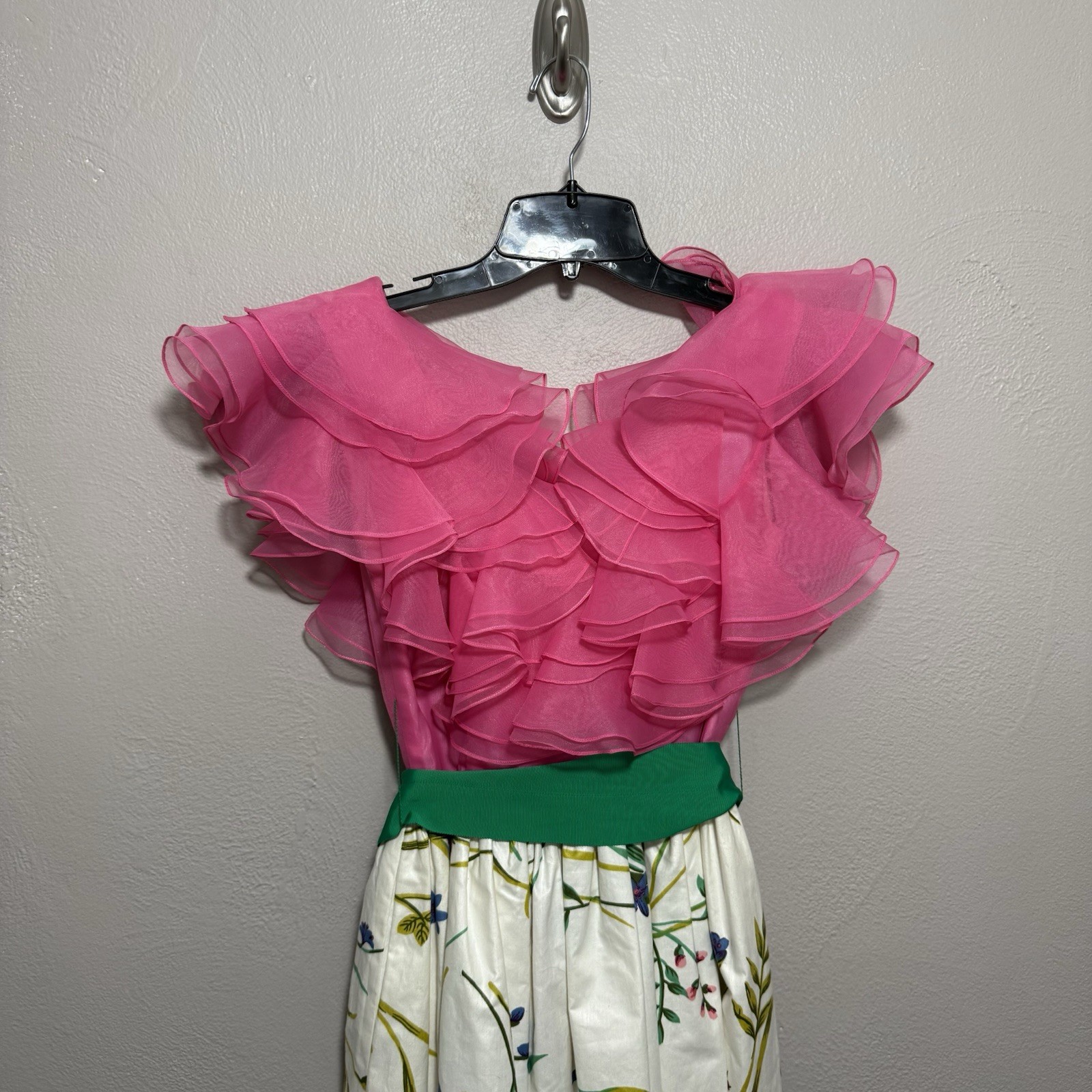 Vintage 70s William Pearson Dress Pink Green Floral Organza Ruffle Gown Sz XS/4