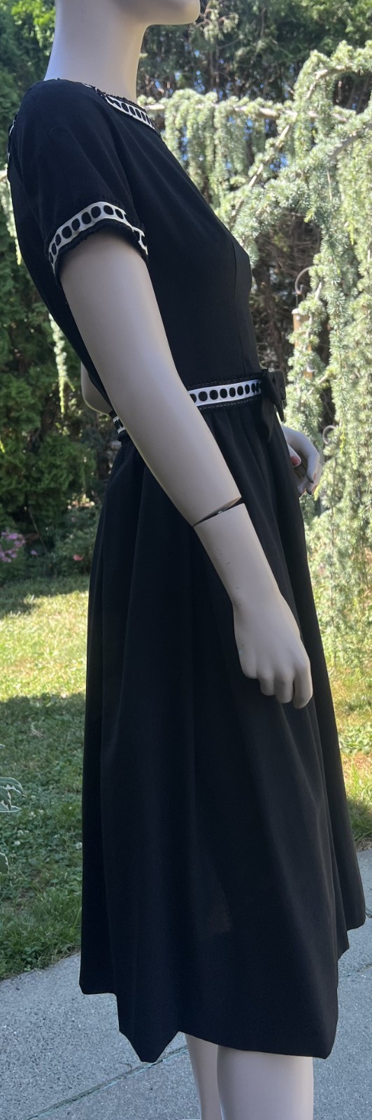 VINTAGE 1950’s BLACK WOOL DRESS W/ DOTTED RIBBON TRIM